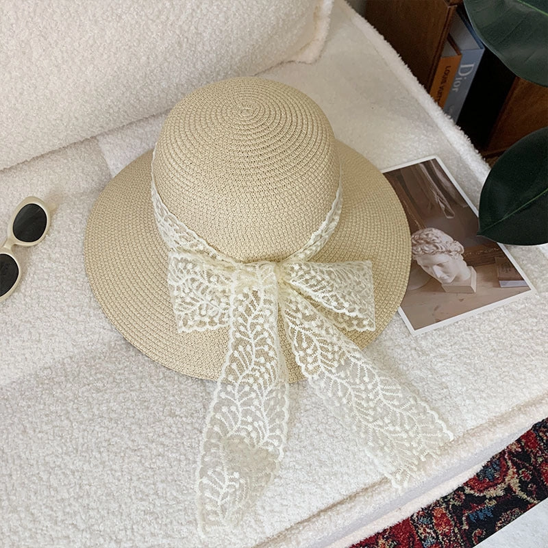 Lace Bow Straw Hat Summer Sun Protection Sun Hat Korean Style