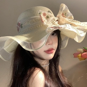 Lace Bow Wide-Brim Hat spring-straw-hat