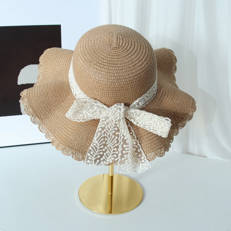 Lace Bow Wide Brim Straw Hat