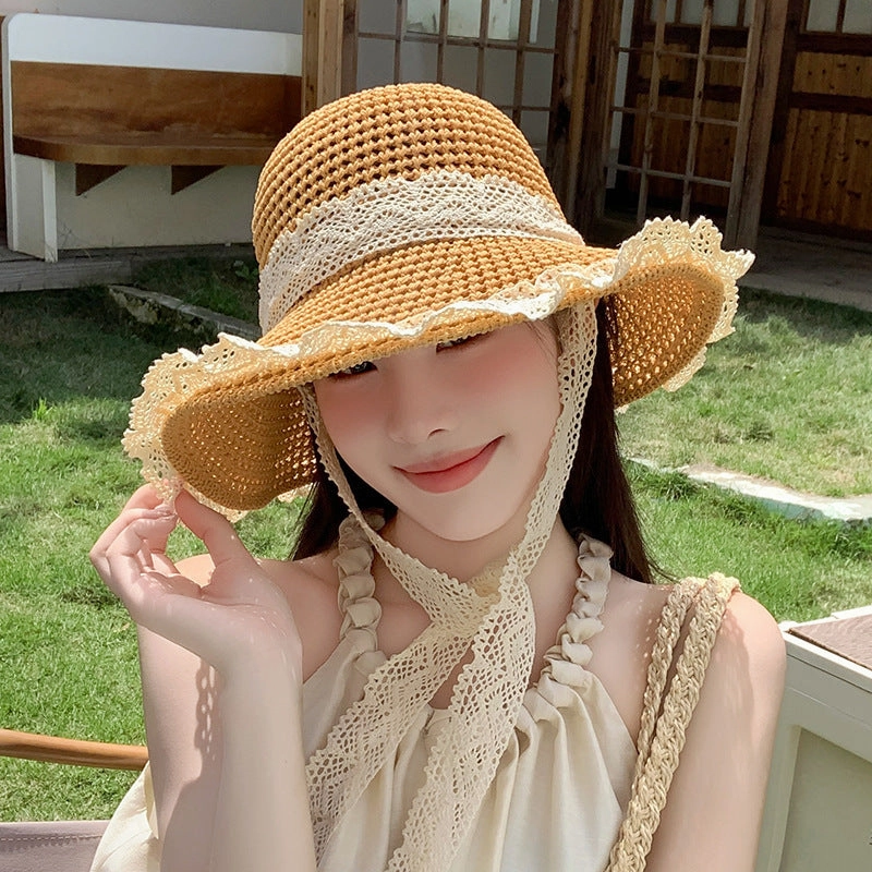 Lace Foldable Wide Brim Straw Hat