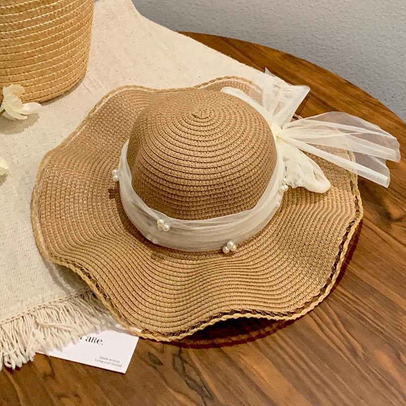 Lace Pearl Bow Wave Hat Women's Summer Wide Brim Sun