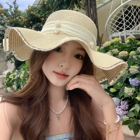 Lace Pearl Bow Wave Hat Women's Summer Wide Brim Sun spring-straw-hat