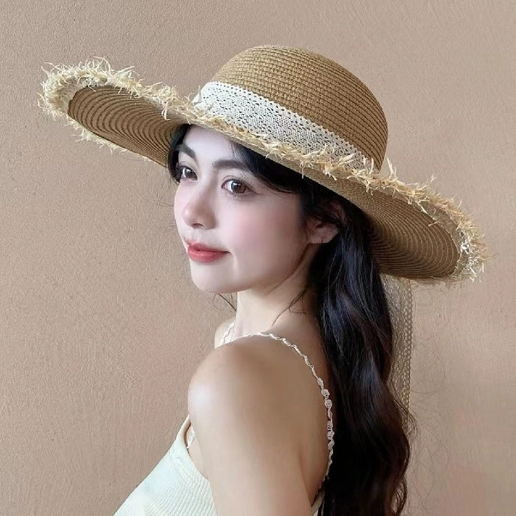 Lace Straw Hat Women Spring Summer Breathable Beach UV Foldable spring-straw-hat
