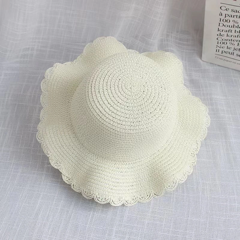 New Family Kids Straw Wide Brim Sun Beach Little Princess Lace