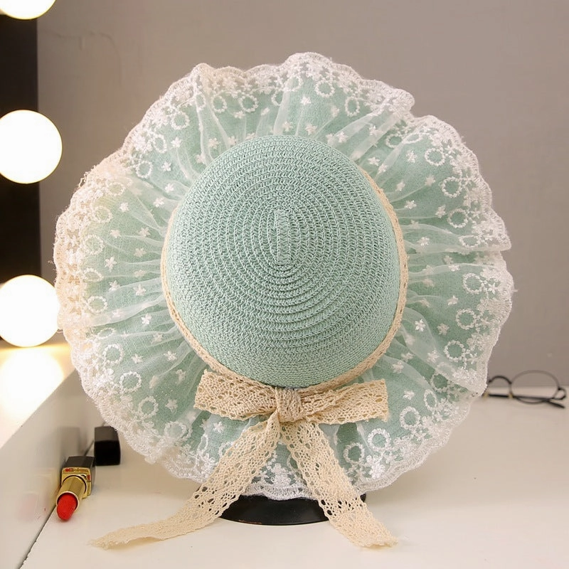 New Family Kids Straw Wide Brim Sun Beach Little Princess Lace