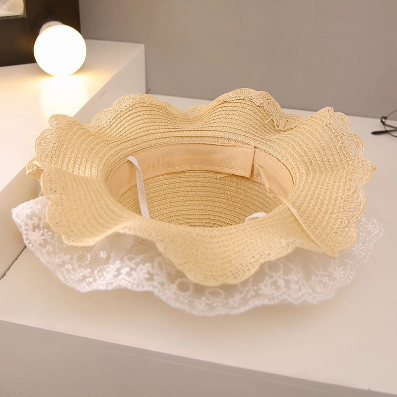New Family Kids Straw Wide Brim Sun Beach Little Princess Lace spring-straw-hat
