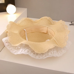 New Family Kids Straw Wide Brim Sun Beach Little Princess Lace spring-straw-hat