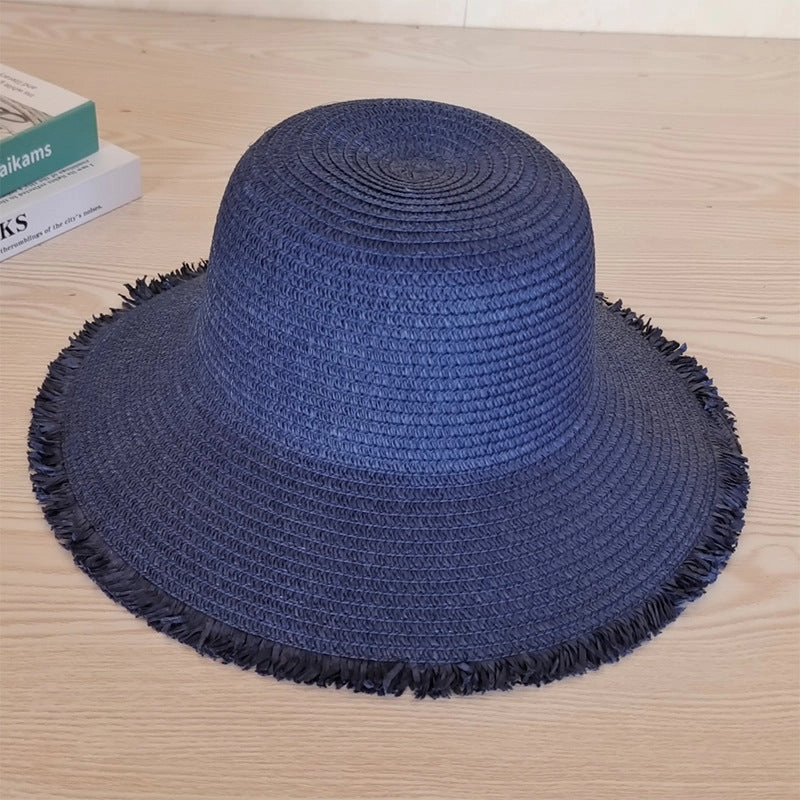 New Foldable Women Wide Brim Sun Hat Fringed Straw Beach