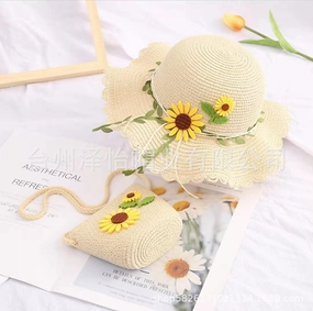 New Girls' Floral Beach Princess Hat with Bag Set Sun Protection spring-straw-hat