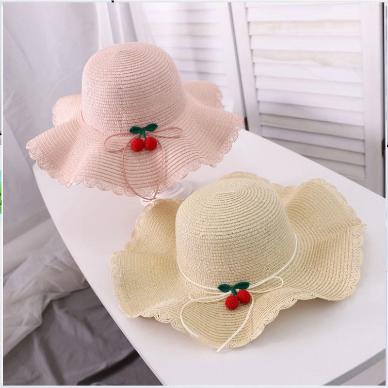 New Korean Sun Hat Beach Family Vacation Cherry Ruffle spring-straw-hat