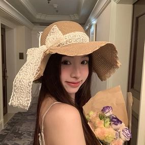 New Lace Straw Hat Women Beach Wide Brim UV Protection French Top spring-straw-hat
