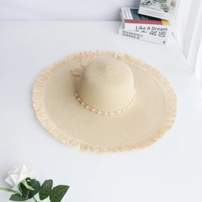 New Long Fringe Pearl Beige Wide Brim Beach Sun Protection Straw spring-straw-hat