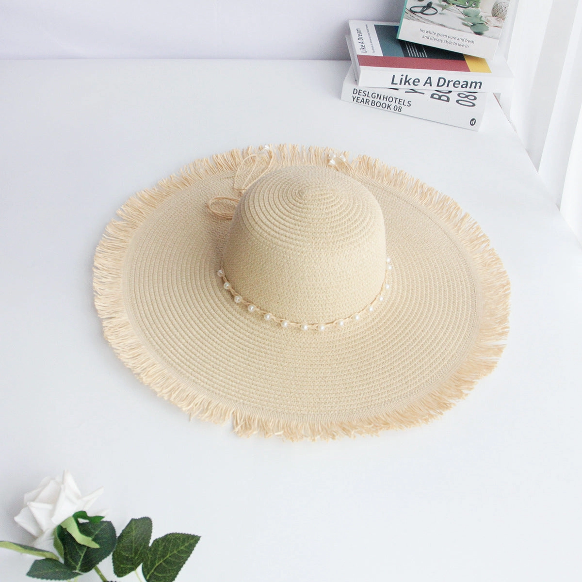 New Long Fringe Pearl Beige Wide Brim Beach Sun Protection Straw spring-straw-hat