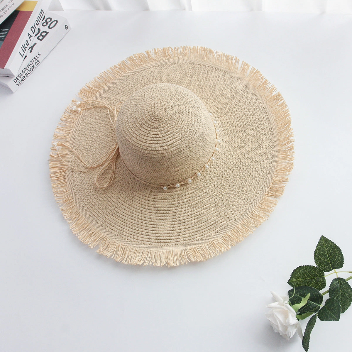 New Long Fringe Pearl Beige Wide Brim Beach Sun Protection Straw