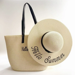 New Straw Hat Beach Bag Set Embroidery Letters Vacation Fashion Wide Brim UV spring-straw-hat
