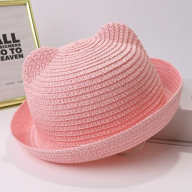 New Summer Hat Cute Cat Ears Solid Straw Kids Cartoon Outdoor Sun