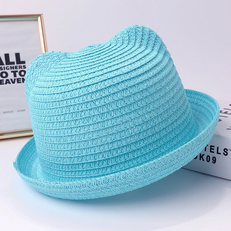 New Summer Hat Cute Cat Ears Solid Straw Kids Cartoon Outdoor Sun
