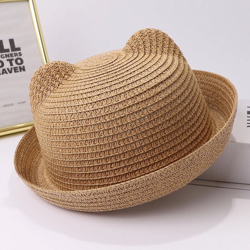 New Summer Hat Cute Cat Ears Solid Straw Kids Cartoon Outdoor Sun