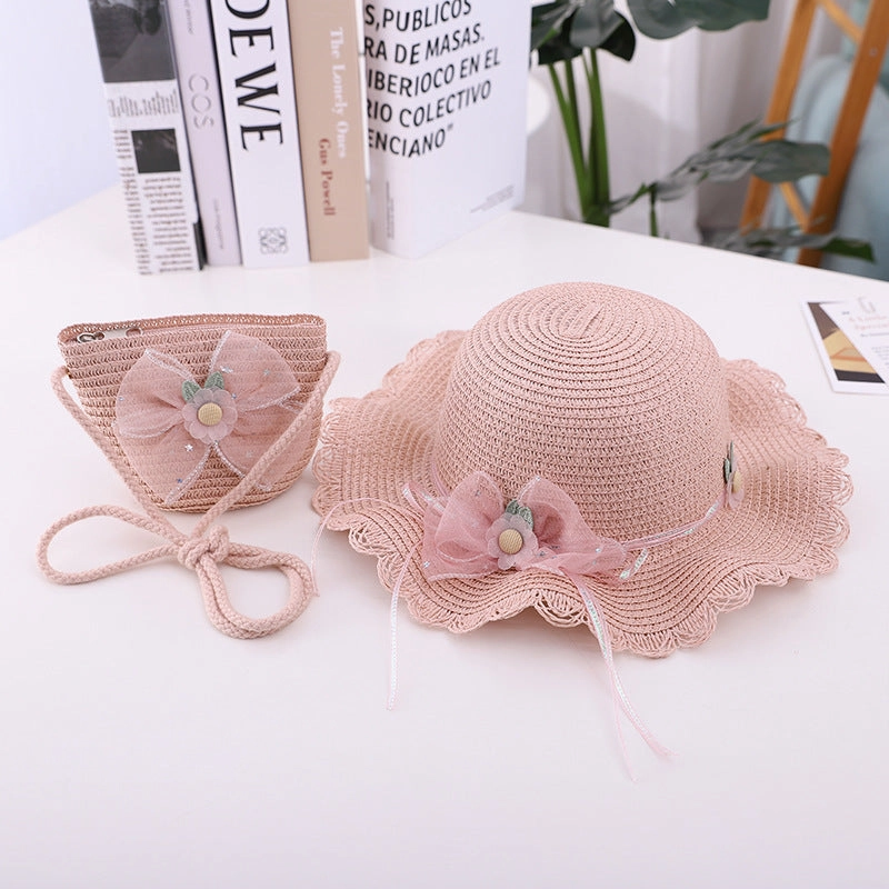 New Summer Kids Wave Brim Bow Beach Sun Hat and Bag Set