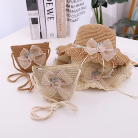 New Summer Kids Wave Brim Bow Beach Sun Hat and Bag Set spring-straw-hat