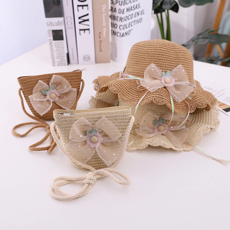 New Summer Kids Wave Brim Bow Beach Sun Hat and Bag Set spring-straw-hat