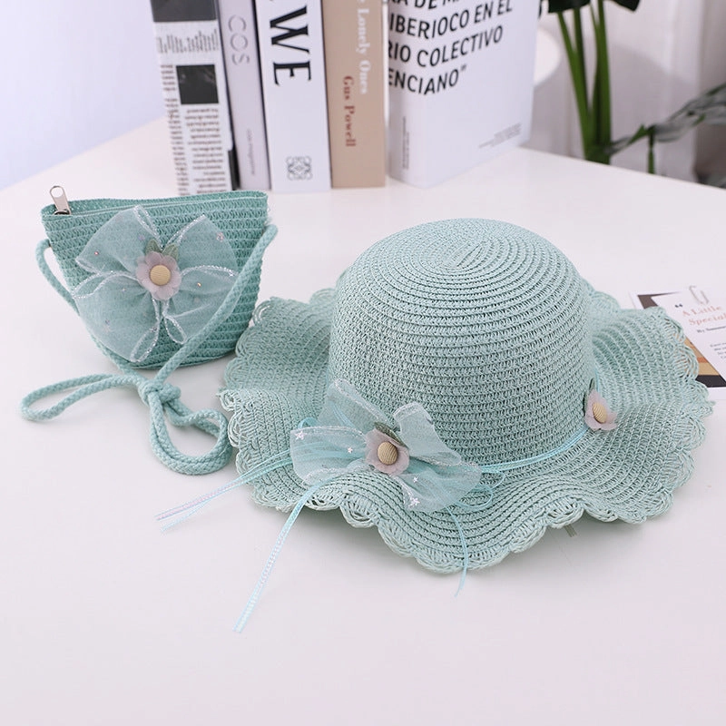 New Summer Kids Wave Brim Bow Beach Sun Hat and Bag Set
