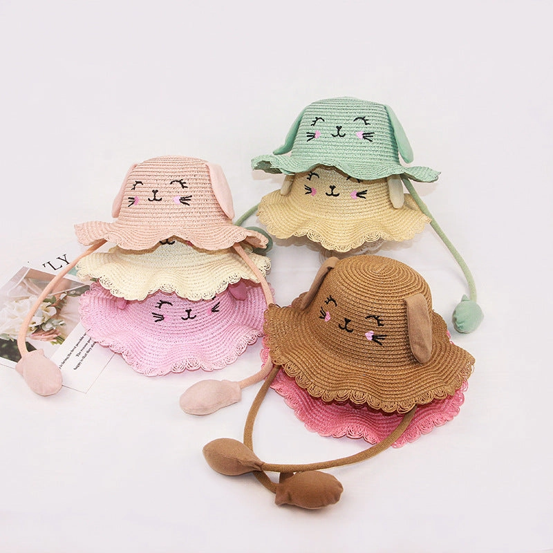 New TikTok Kids' Inflatable Paper Straw Hat Cartoon Cat Bunny Ears Move spring-straw-hat