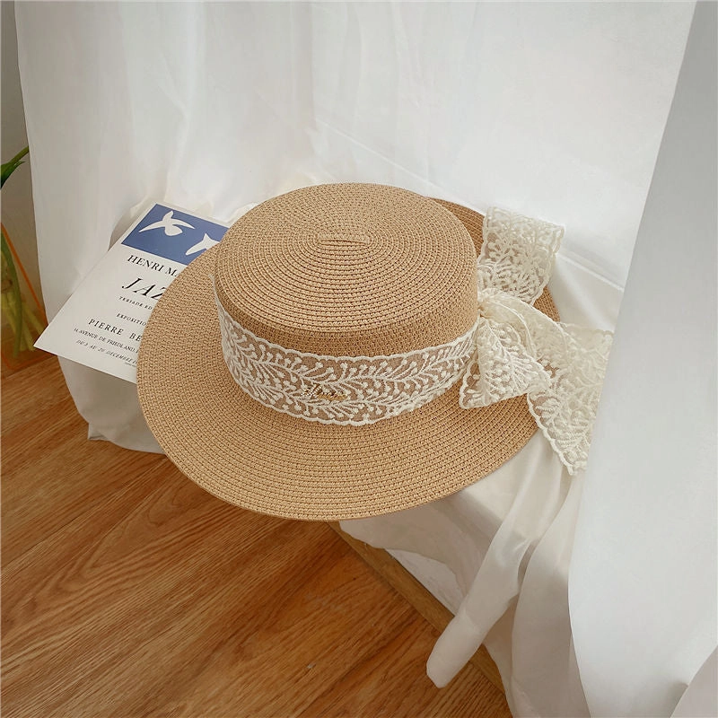Rural Style Flat Top Lace Straw Hat