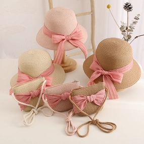 Spring Summer Bow Kids Straw Hat Travel Sun Protection Family Bag Set spring-straw-hat