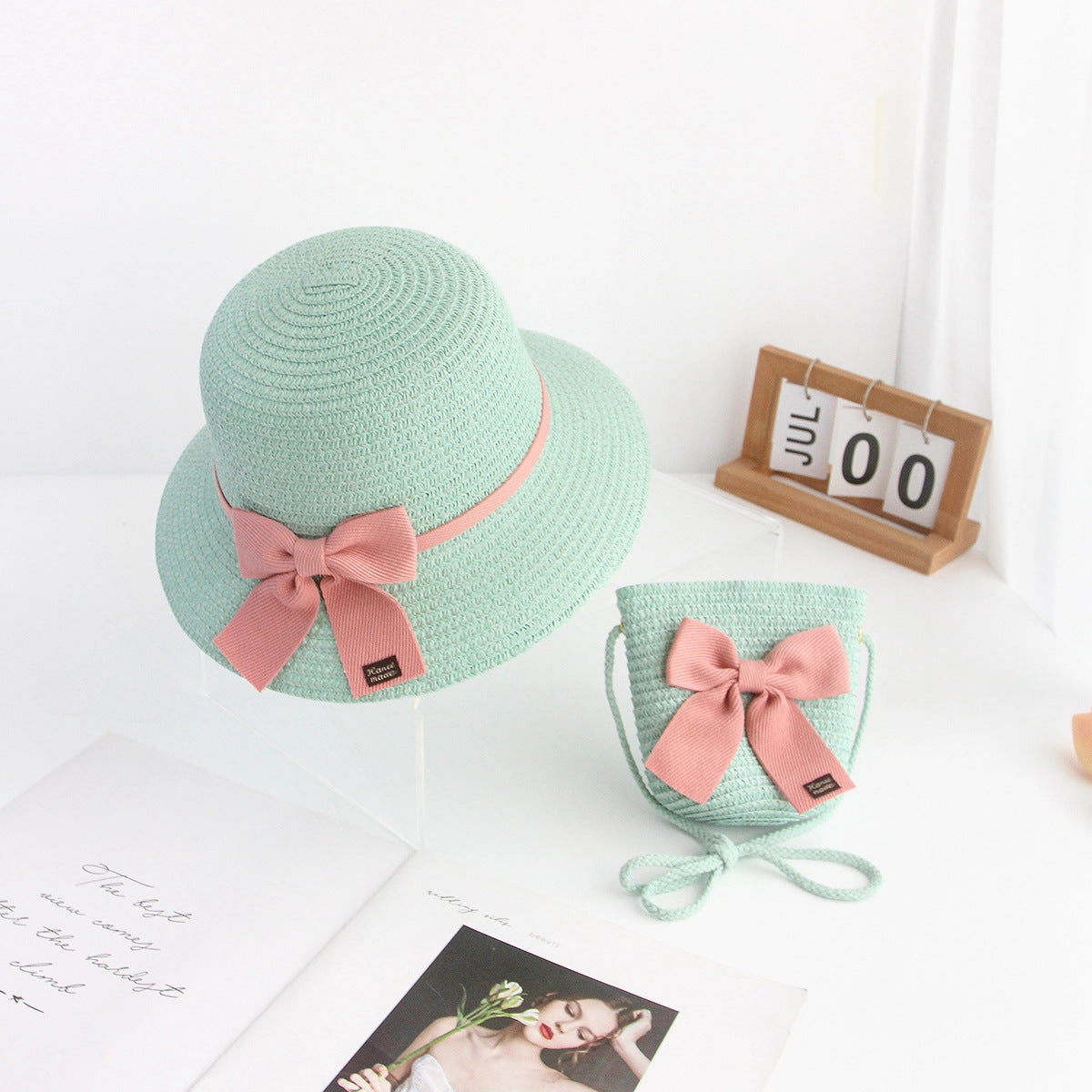 Straw Sun Hat for Kids Lace Bow 2-Piece Set