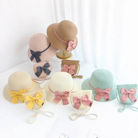 Straw Sun Hat for Kids Lace Bow 2-Piece Set spring-straw-hat
