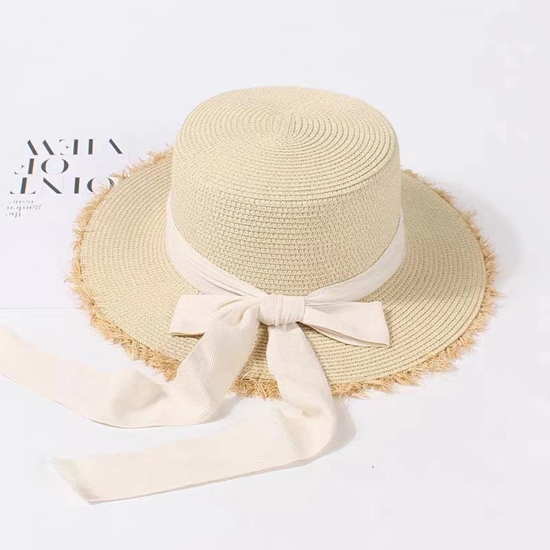 Summer Raffia Hat French Flat Top Beach Sun Protection