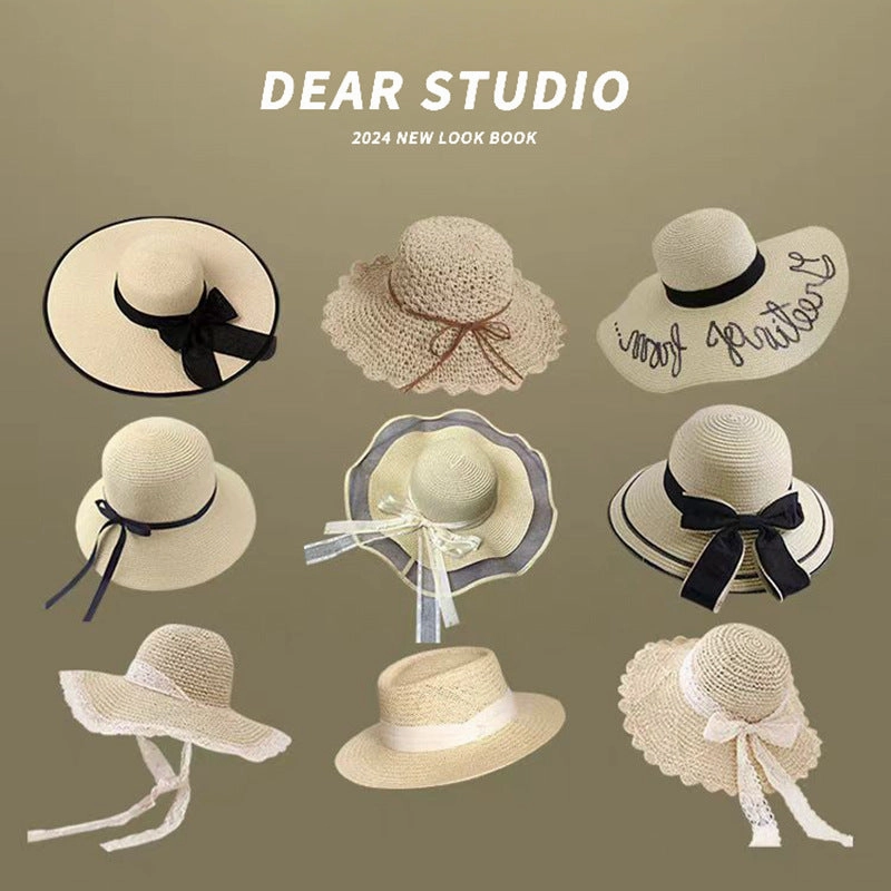 Summer Wide-Brim Straw Hat UV Protection Beach Vacation French Bow spring-straw-hat