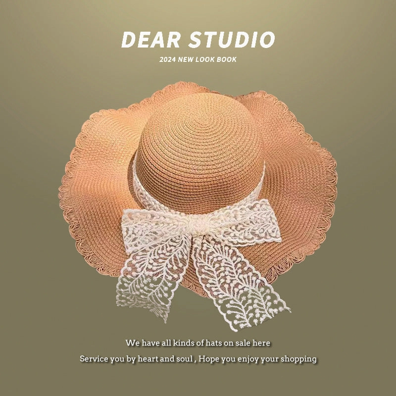 Summer Wide-Brim Straw Hat UV Protection Beach Vacation French Bow