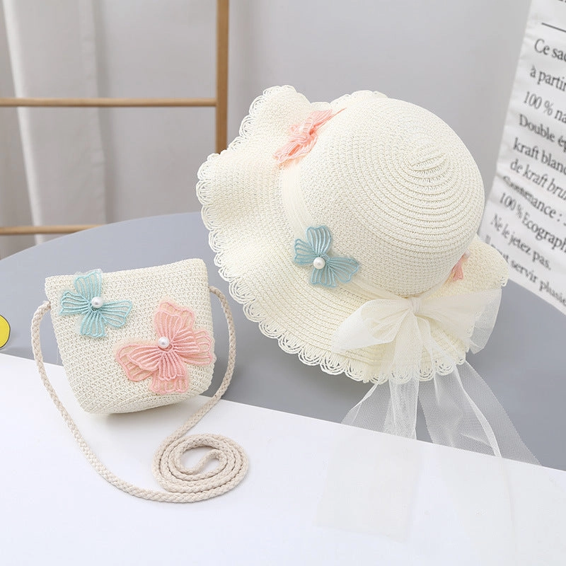Sun Hat Summer Girls' Sun Protection Straw Bag Set Baby Stylish Lace Princess