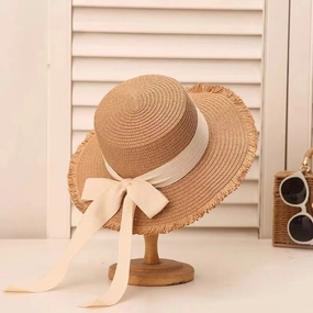 Trend Bow Straw Hat Women Summer Woven Flat Brim Vacation Sun spring-straw-hat