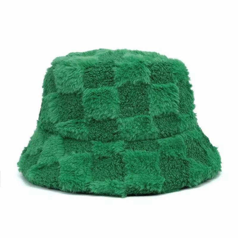 Vintage Plaid Fur Bucket Hat