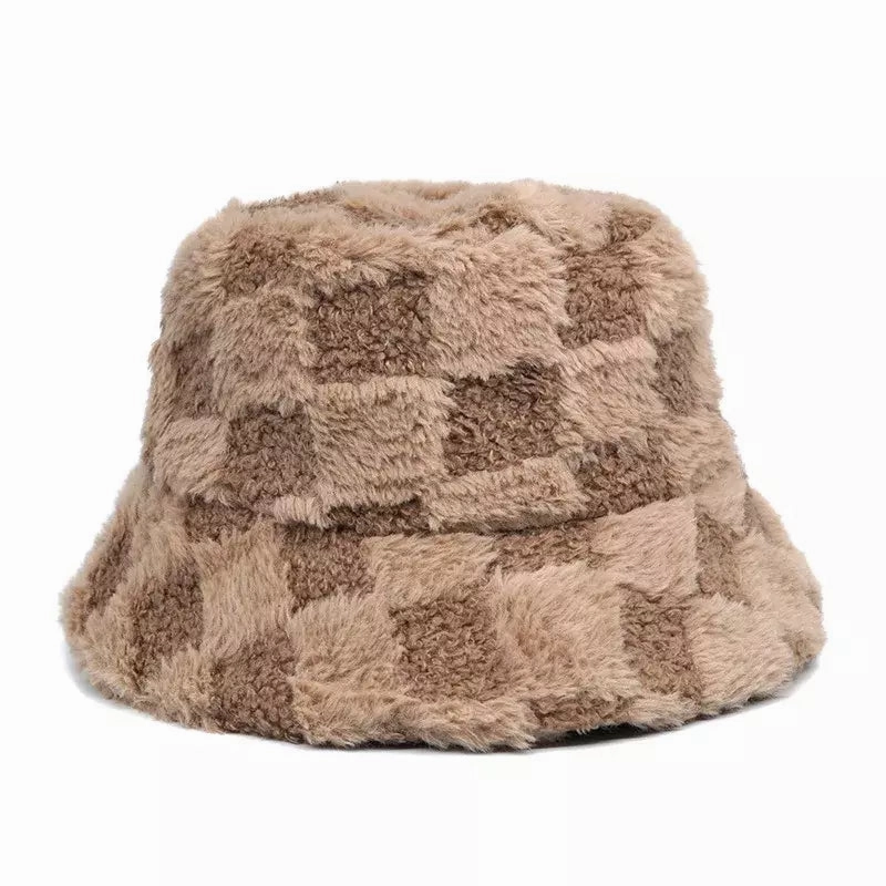 Vintage Plaid Fur Bucket Hat
