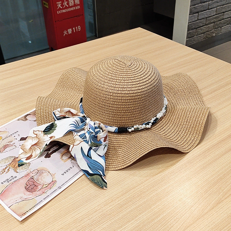 Wavy Edge Bow Straw Hat Summer Large Brim UV Protection spring-straw-hat