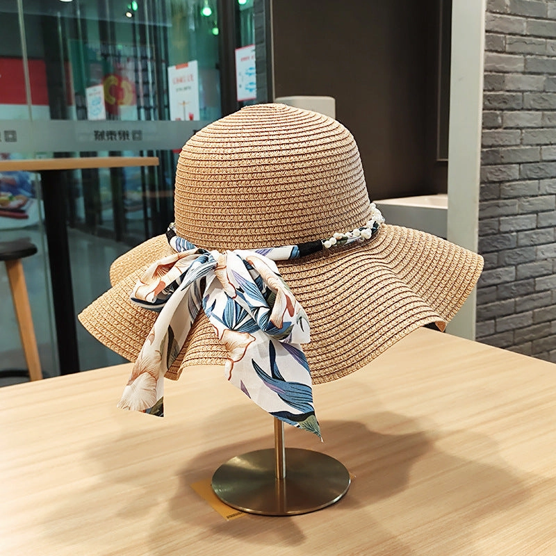 Wavy Edge Bow Straw Hat Summer Large Brim UV Protection