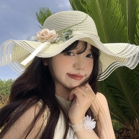 Wavy-Edge Floral Straw Hat Women Summer Beach Sun Protection spring-straw-hat