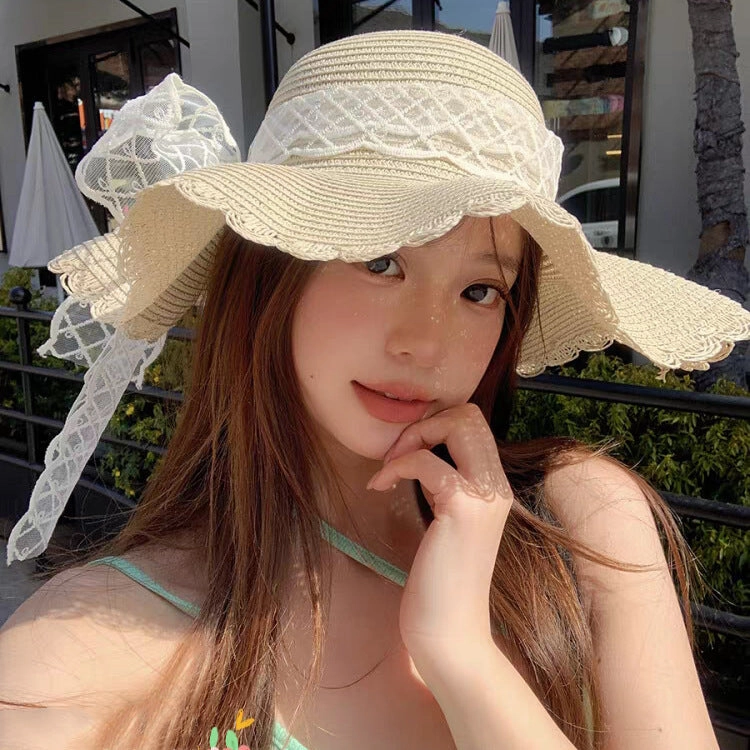 Wavy Edge Lace Bow Sun Hat spring-straw-hat