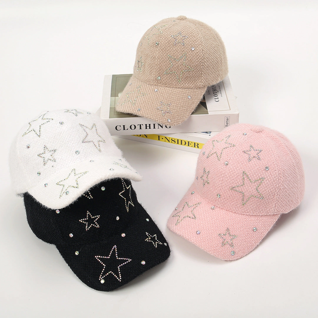 Wholesale Autumn and Winter Five-pointed Star Rhinestones Plush Baseball Cap