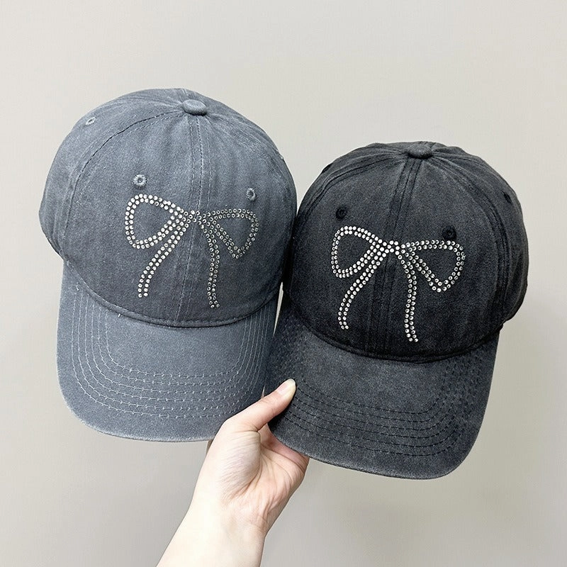 Wholesale Bow Rhinestone Soft Top Distressed Baseball Cap