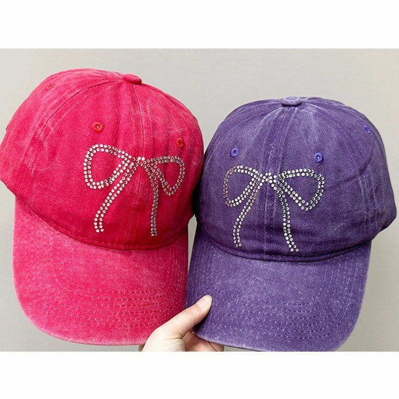 Wholesale Bow Rhinestone Soft Top Distressed Baseball Cap