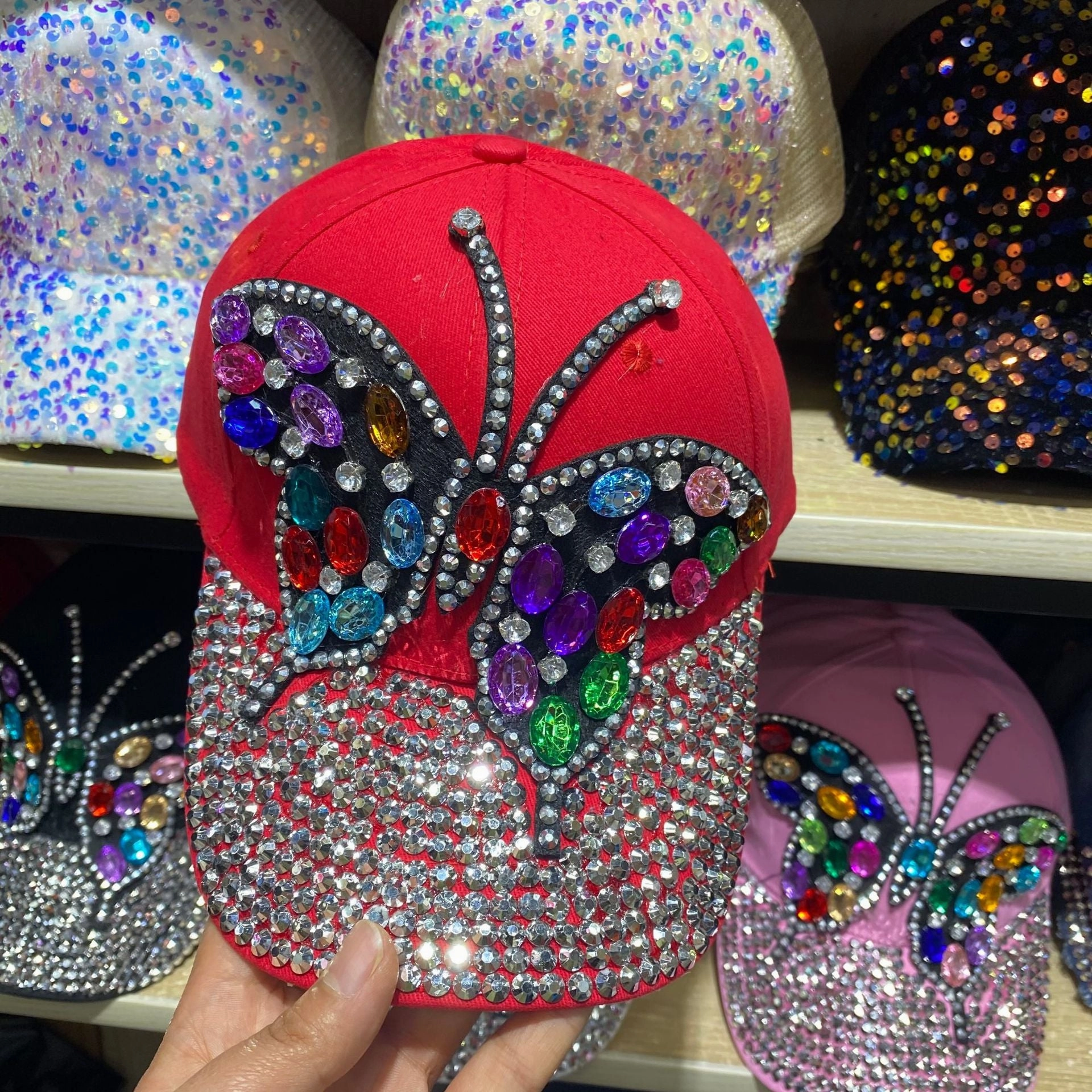 Wholesale Colored Diamond Butterfly Denim Cotton Baseball Caps