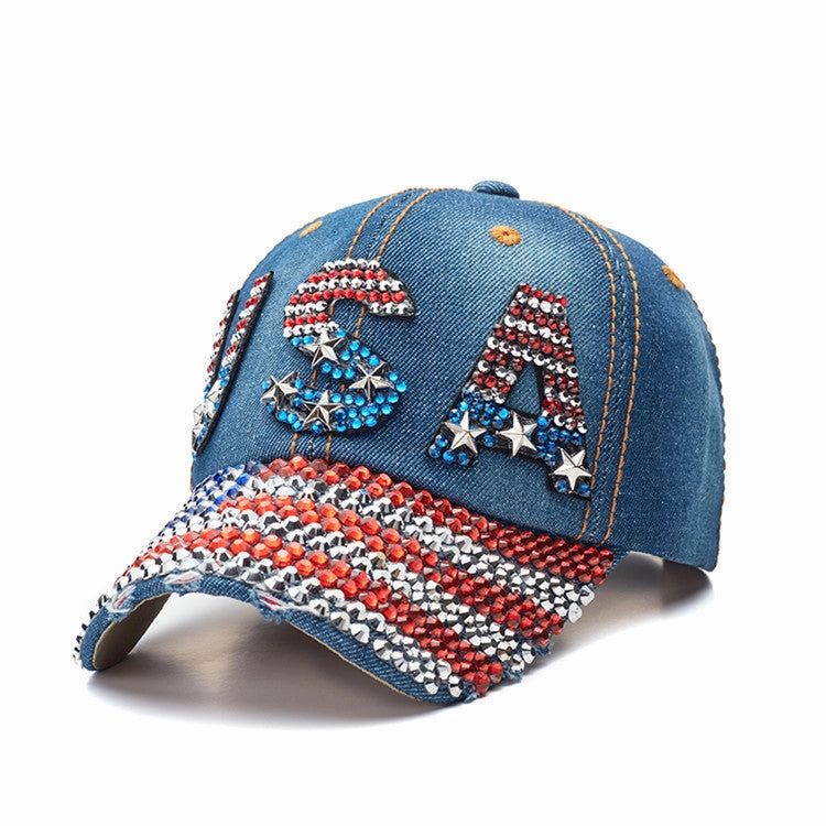 Wholesale Cotton American Flag Denim Diamond Baseball Cap