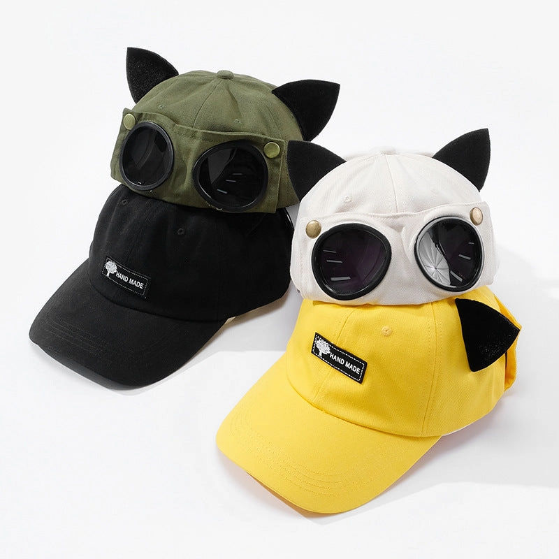 Wholesale cotton polyester cute cat ears aviator glasses baseball cap