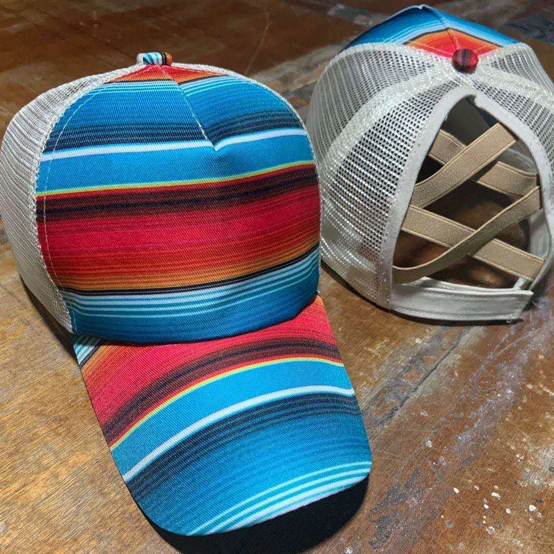 Wholesale Cotton Printed Crossover Ponytail Mesh Baseball Caps
