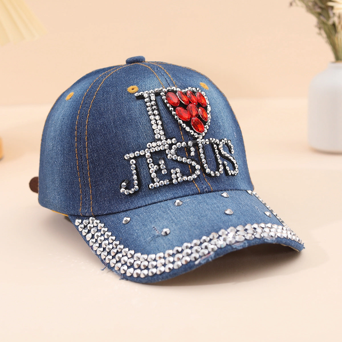Wholesale Diamond-encrusted Distressed Denim Cloth Baseball Cap